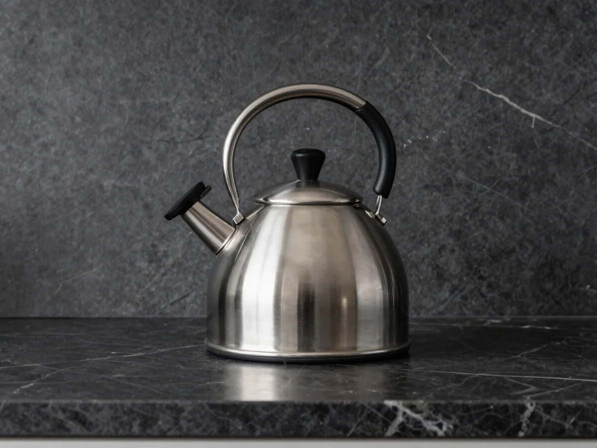 Stainless steel precision kettle on a dark marble kitchen counter
