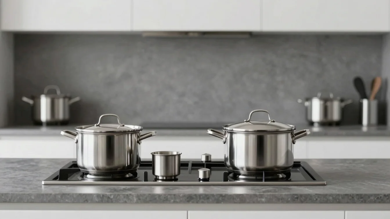 Modern kitchen countertop with premium stainless steel cookware u