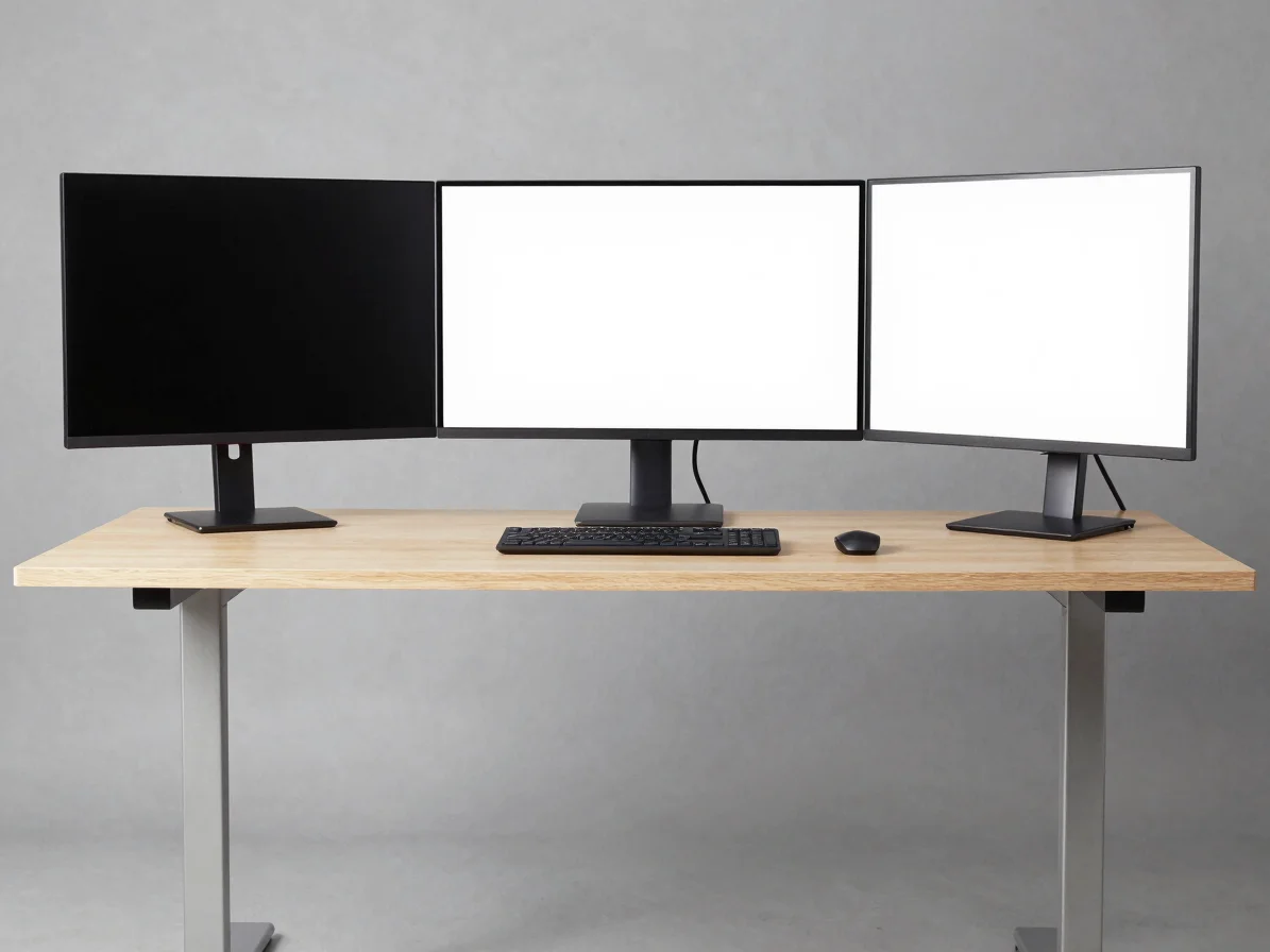 Sleek desk setup with adjustable workstation components under neutral studio lighting, high-detail focus