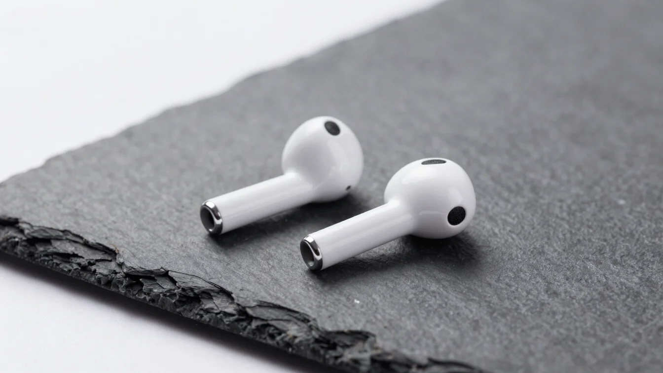 Close-up of wireless earbuds on a slate desk setup with soft studio lighting