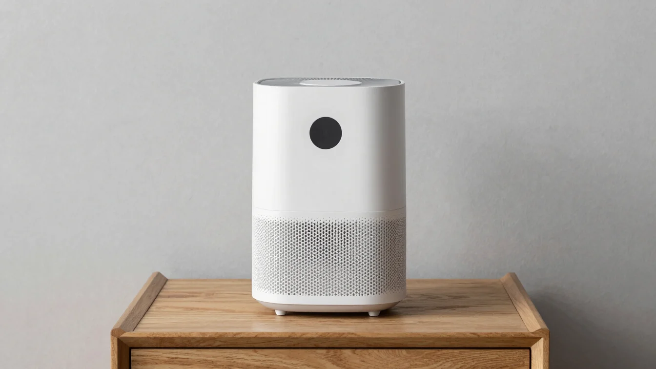 Minimalist air purifier on a modern wooden nightstand under soft daylight