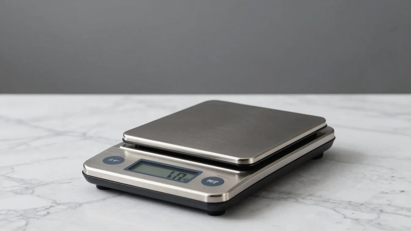 Stainless steel digital kitchen scale on a clean marble countertop, macro focus