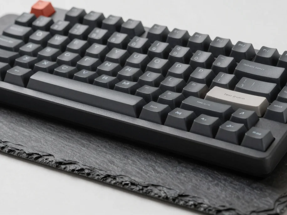 Isolated close-up of a high-end mechanical keyboard on a slate de