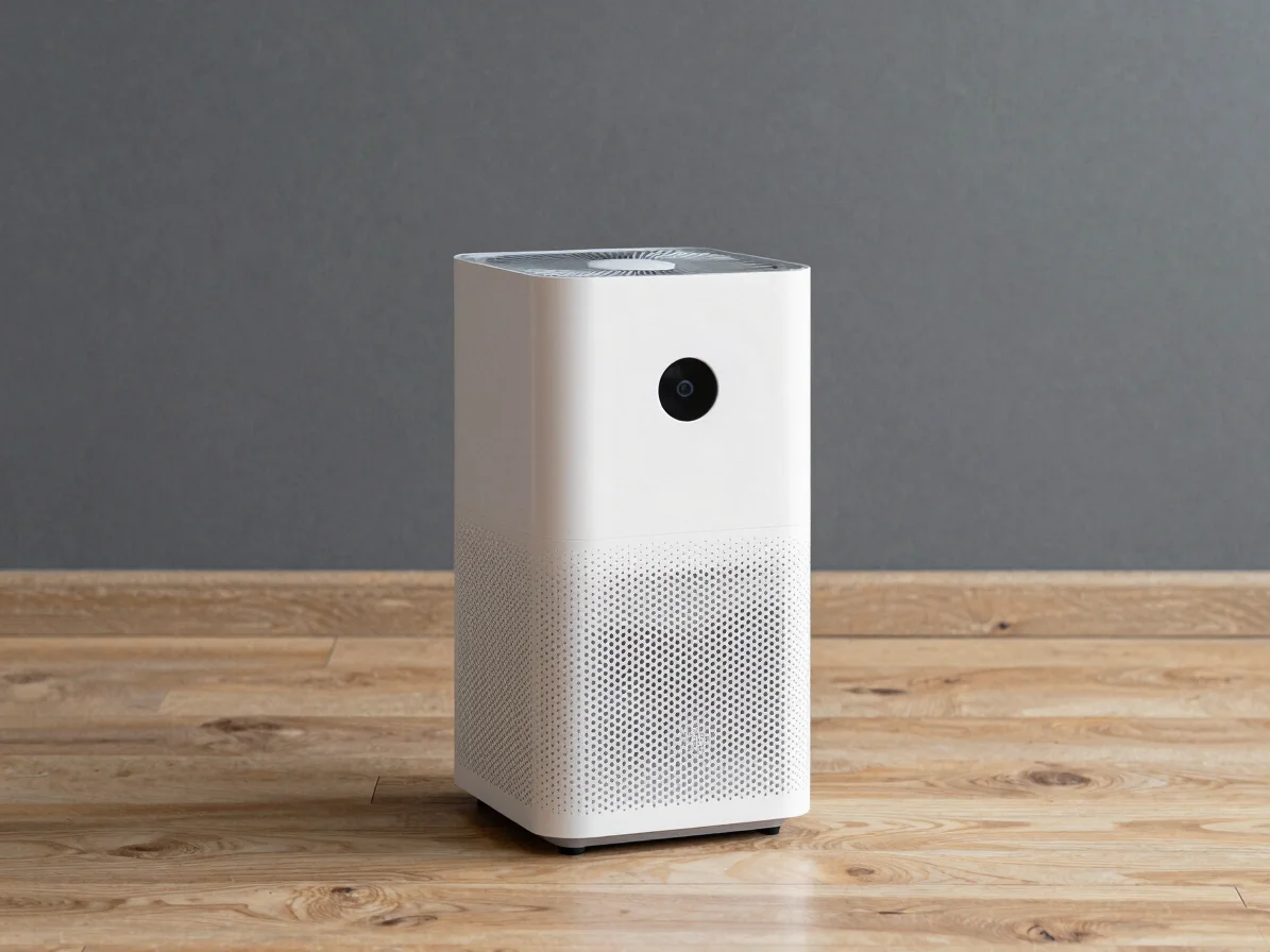 Sleek minimalist air purifier on a modern wooden floor in a neutr